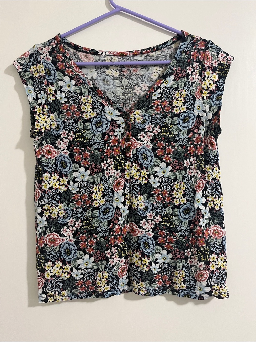 Loft Linen Floral V-Neck Cap Sleeve Top - Black Multi